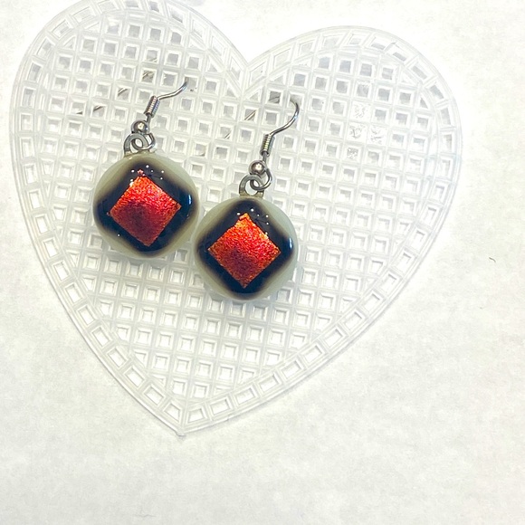 Jewelry - Handmade Fused Glass Red and Black Square Dangle Earrings